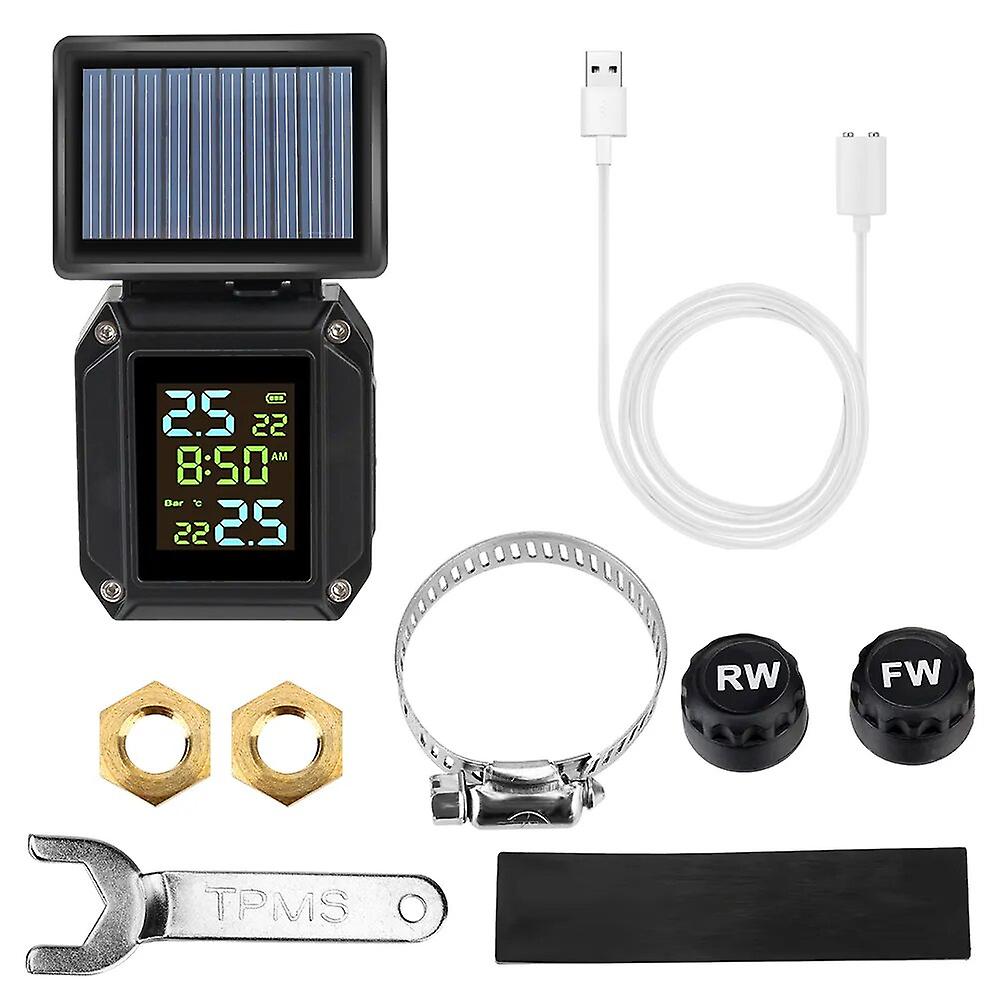 Motorcycle Tpms Tire Pressure Monitoring System 2 External Sensors Lcd Display Solor Usb Charge Tyre Temperature Alarm