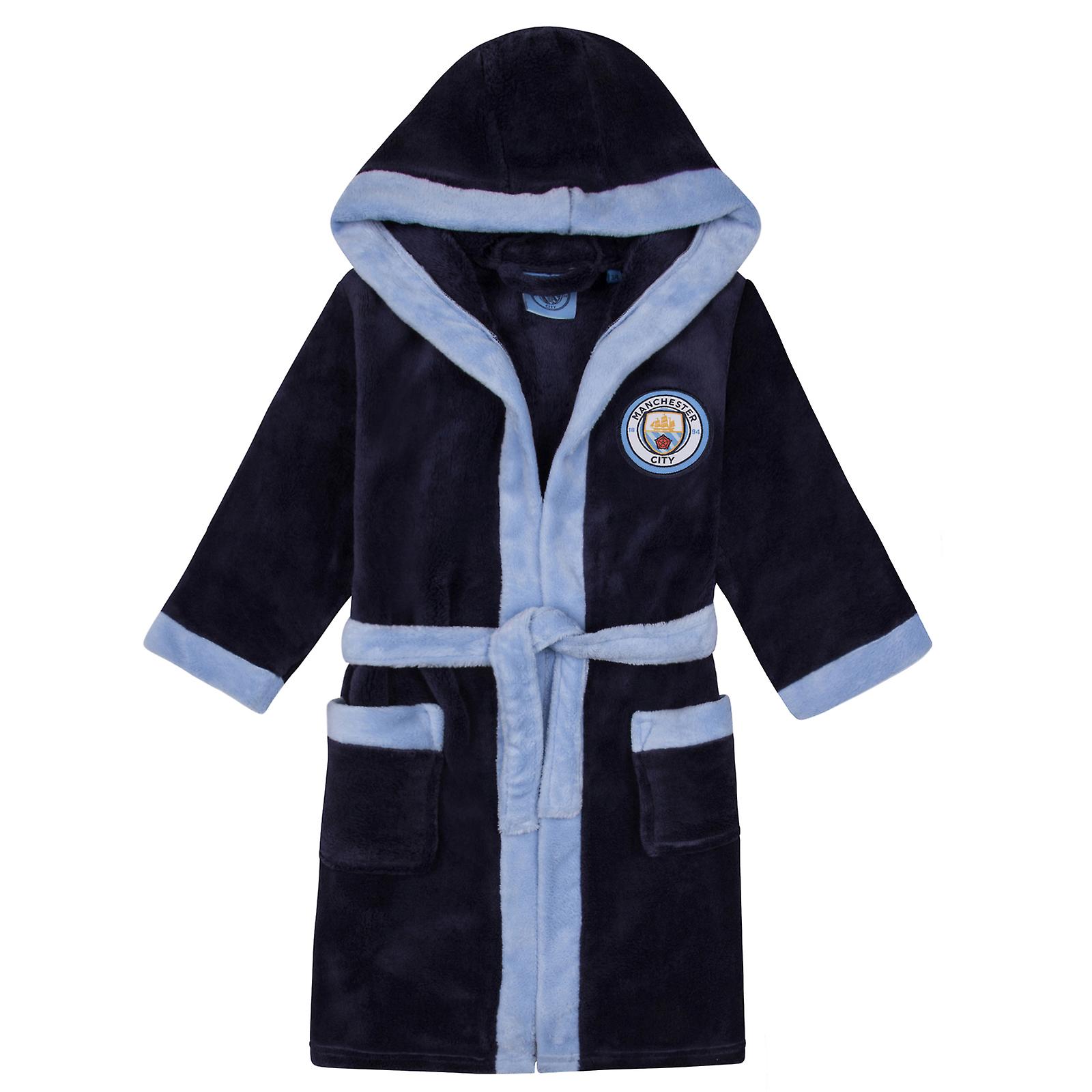 thumbnail image 1 of FeiKong Bata de baño con capucha para niño del Manchester City, forro polar, OFICIAL, para niños, fútbol, 1 of 5