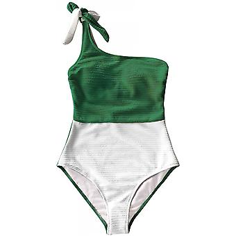 Veeki Women's One Piece Swimsuit Color Block One Shoulder Bowknot Bathing Suit, Green, S