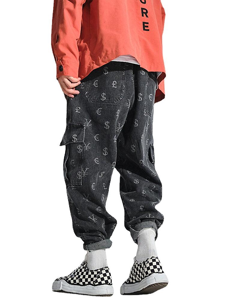 Men's Currency Symbol Print Drawstring Denim Cargo Pants