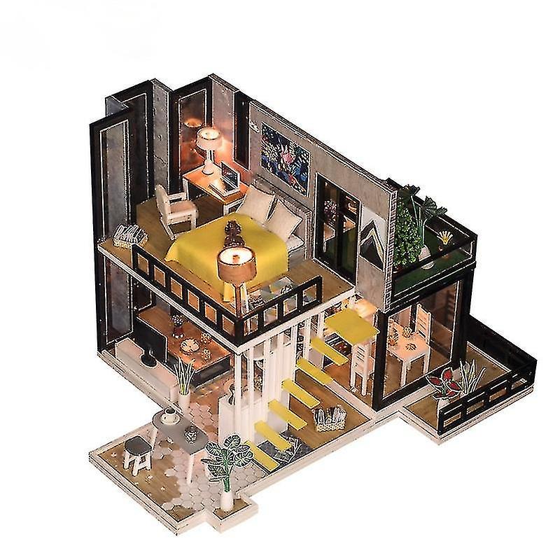 Miniature dollhouse with furniture with light and music core