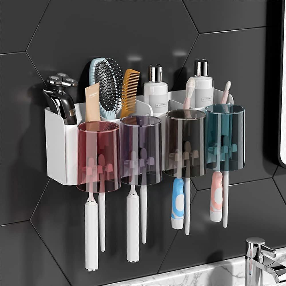Multifunction Bathroom Storage Rack with 4 Cups+8 Slots Toothbrush Heads Shelf31.6*11*15.3cm
