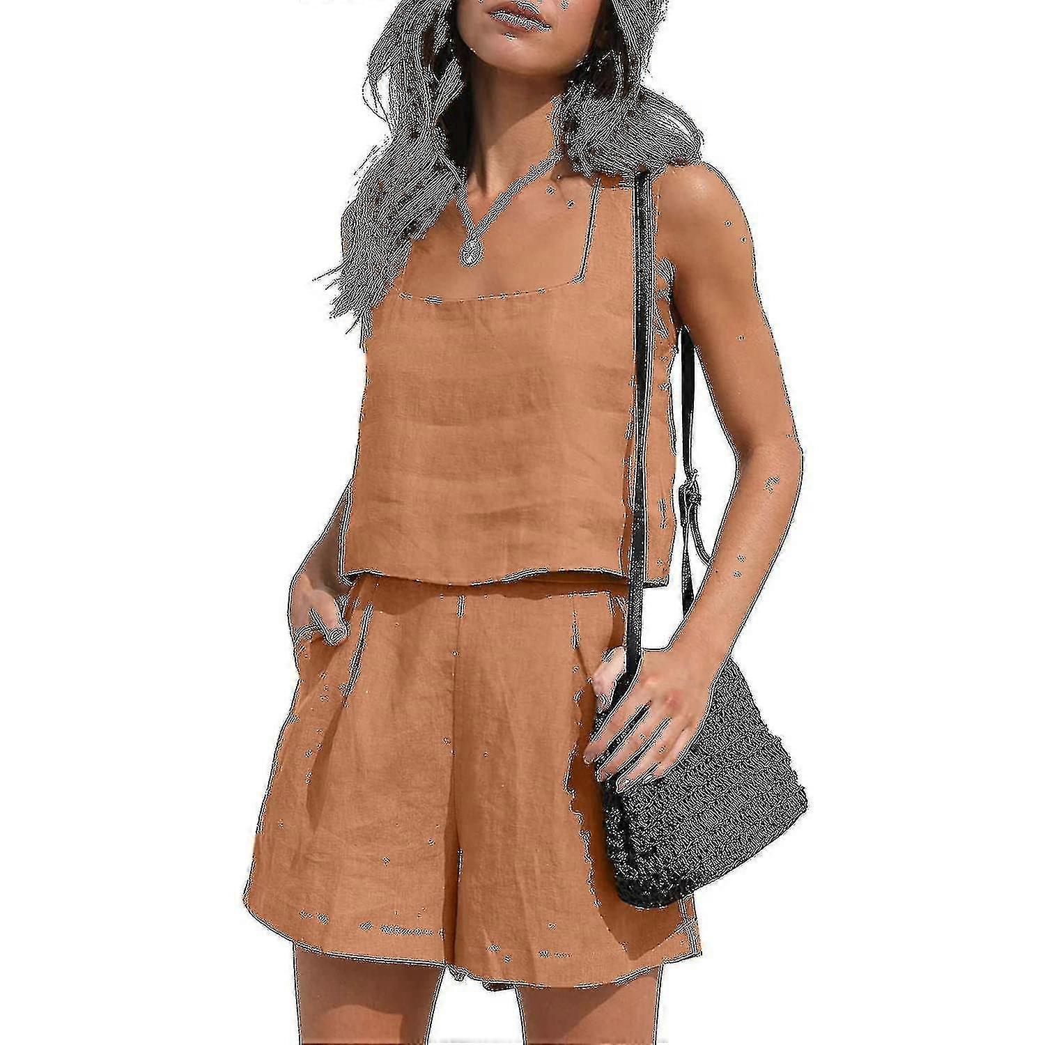Womens 2 Piece Outfits Matching Sets, Linen Shorts Crop Tops Summer Vacation Set