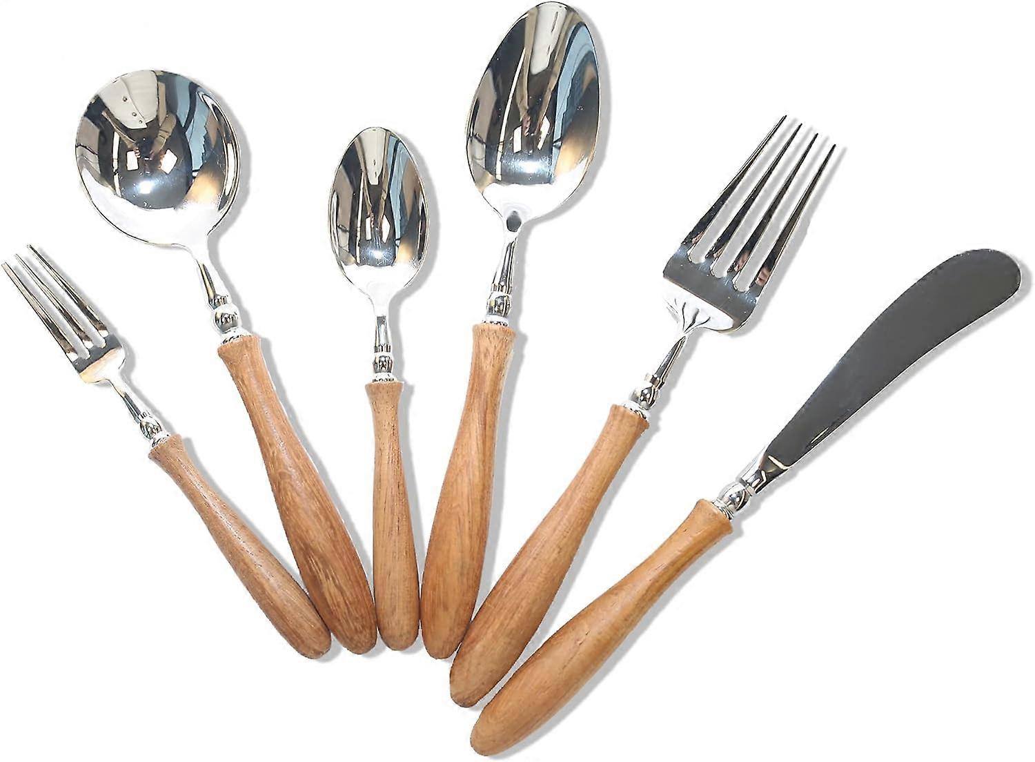 Silver Flatware Set of 6 with Wooden Handle, Stainless Steel Silverware Utensil Set includes Spoon Fork & Knife, Cutlery Set for Home, Party, Restaura