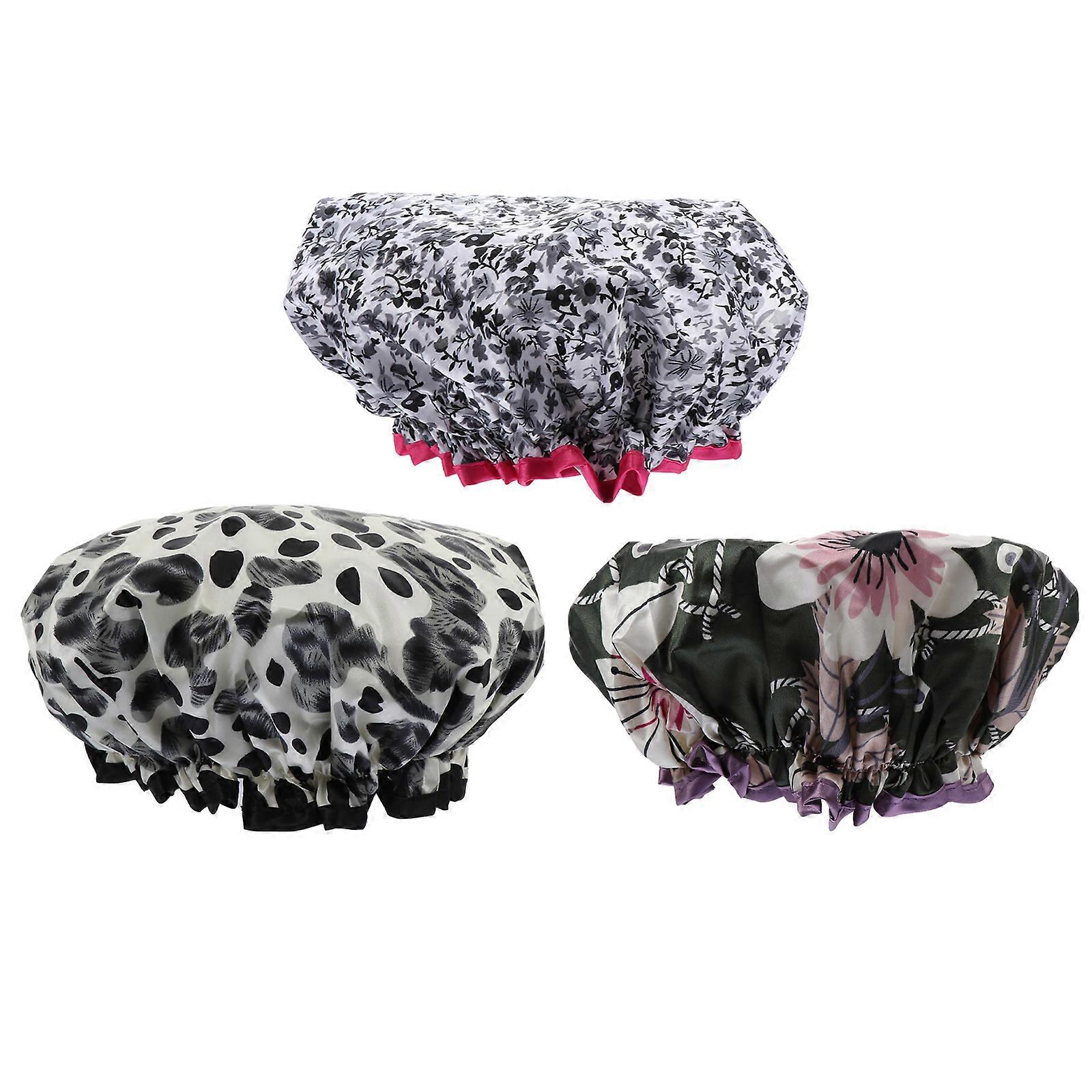 3Pcs Printed Pattern Shower Caps Waterproof Bathing Hats Elastic Hair Caps