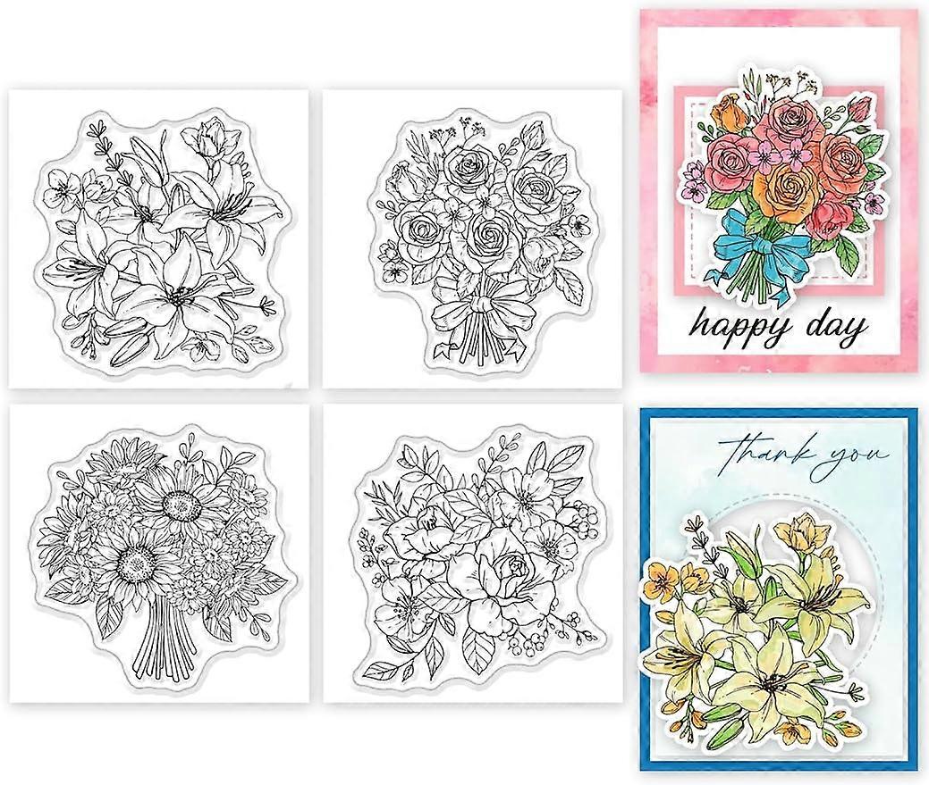 4Pcs Mini Roses Lily Bouquet Clear Stamps for DIY Scrapbooking