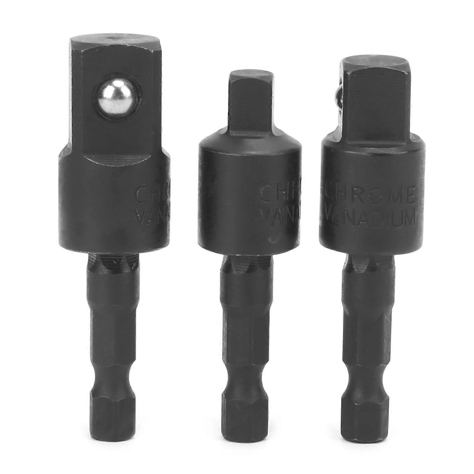 3Pcs Power Drill Socket Set Metal Hex Shank Impact Driver Adapter 360 Degree Rotatable Black