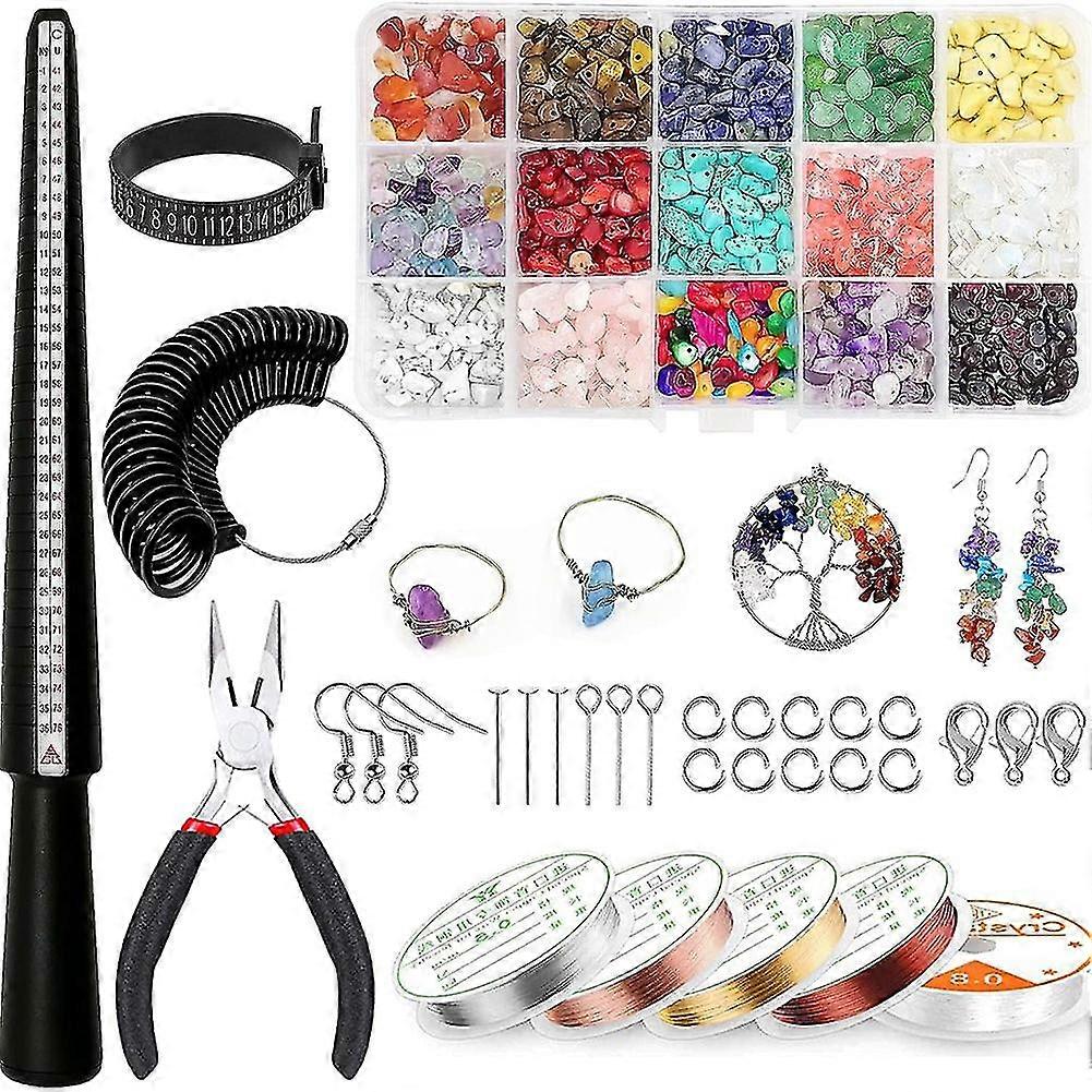 Ring Making Kit, Ring Size Measuring Tools with 15 Colors Crystal Chips Beads,Elastic String, Plier