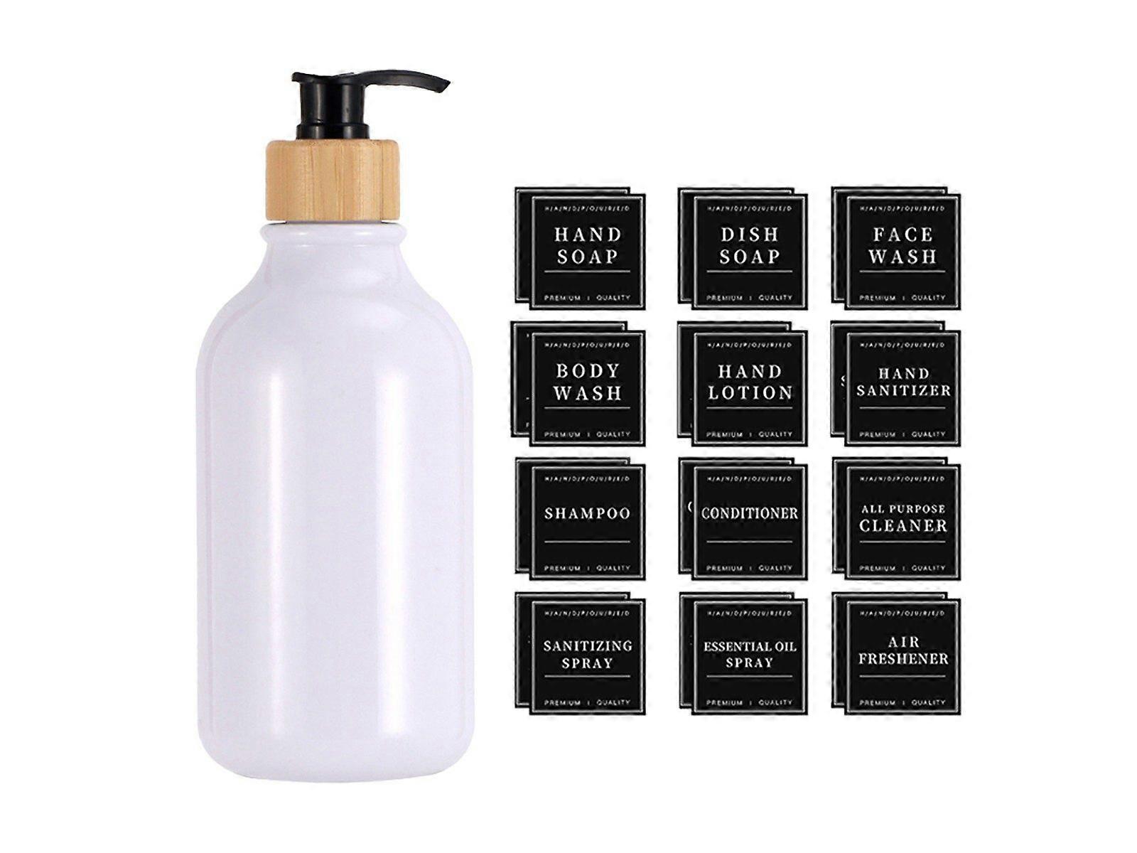 Refillable Empty Pump Bottle Shampoo Container with 24 Pieces Label Set - White