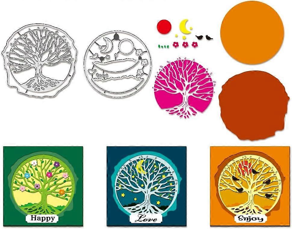 2Pcs Tree of Life Cutting Dies Tree Border Background Stencils Sun Moon Stars Decorative Embossing Stencils for Scrapbooking Photo Album Greeting Card