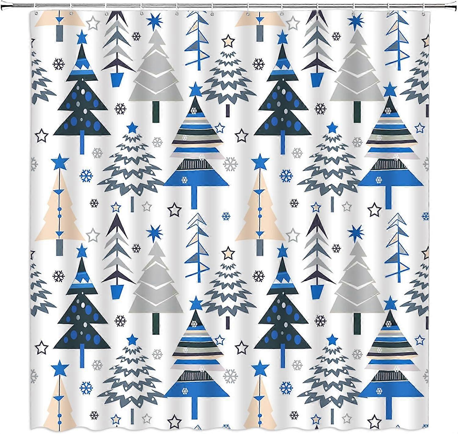 Christmas Tree Shower Curtain Xmas Pine Trees Winter Snowflake New Year Holiday Minimalist,Blue White,48" Wx72 H Fabric Bathroom Decor Curtain with Ho