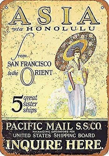 Pacific Mail Steamships Ásia Via Honolulu Placa de parede Sinal de lata 8x12 polegadas OU 12x16 polegadas Modo 4982