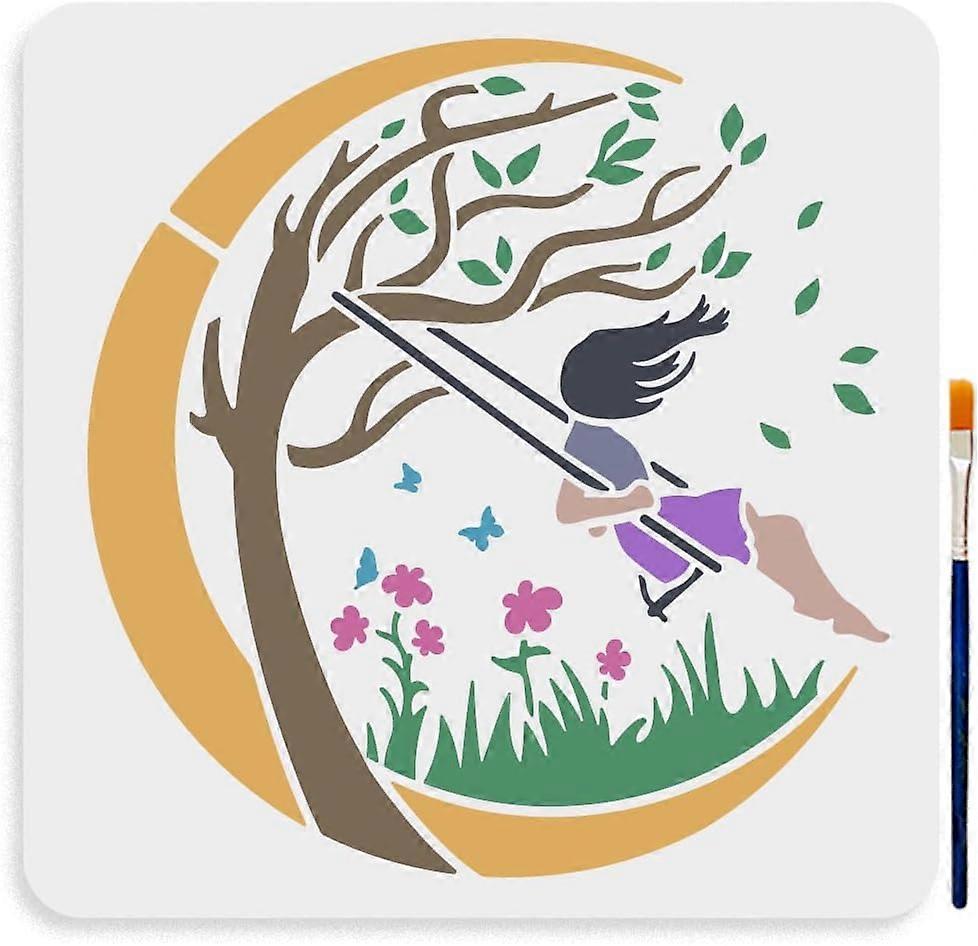 Moon Swing Girl Stencils 11.811.8inch Spring Summer Under Tree Girl On Swing Stencil with Paint Brush Large Butterfly Meadow Drawing Template for Fabr
