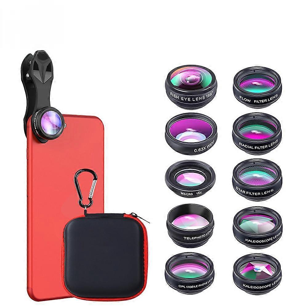 10 in 1 Mobile Phone Lens Kit Fisheye Wide Angle Telescope Macro Camera Lens Filter