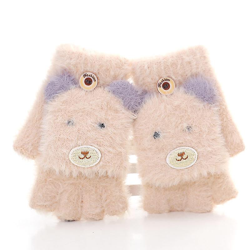 Winter Student Knitting Cartoon Flip Cover Children Half Finger Writing And Typing Bag Warm Imitation Sable Gloves