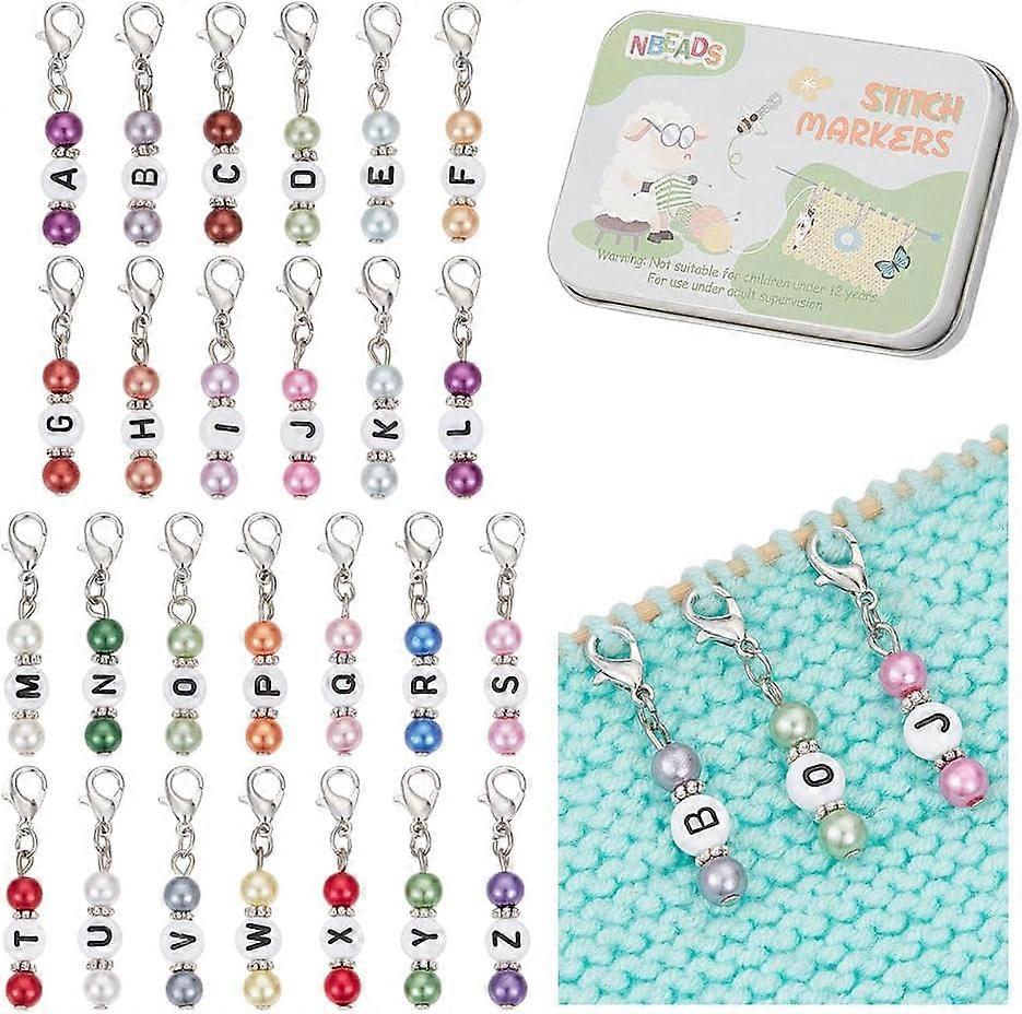 26 Pcs Letter A-Z Stitch Markers Acrylic Stitch Markers with Zinc Alloy Clasps Flat Round Stitch Markers Removable Lobster Clasp Locking Stitch Marker