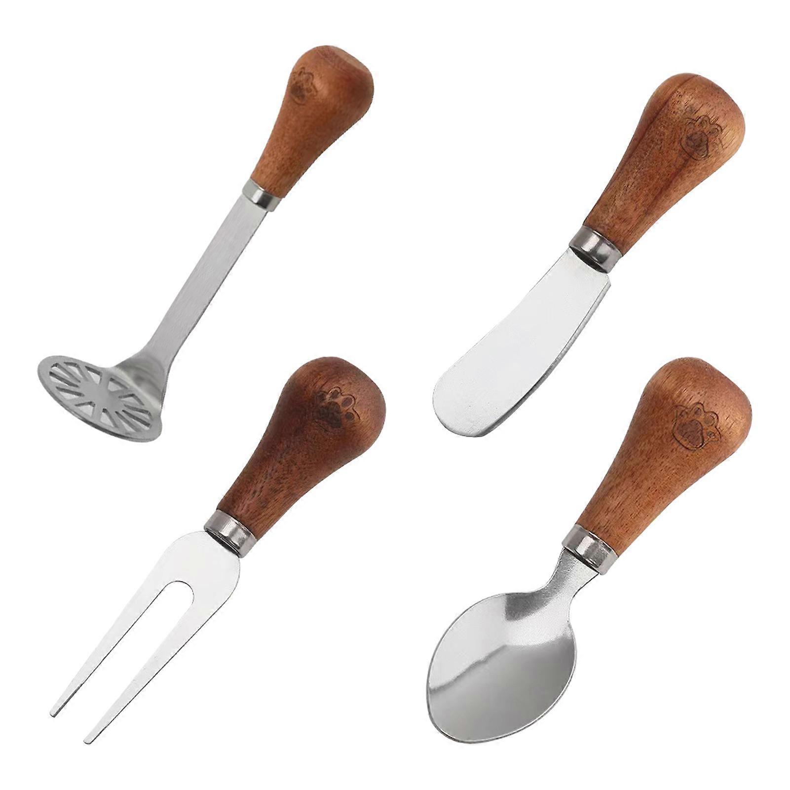 4Pcs Stainless Steel Potato Masher Spoon Fork Scraper Set Portable Wooden Handle Kitchen Tool for Mashed Potatoes Carrots Manual Presser Bean Crusher