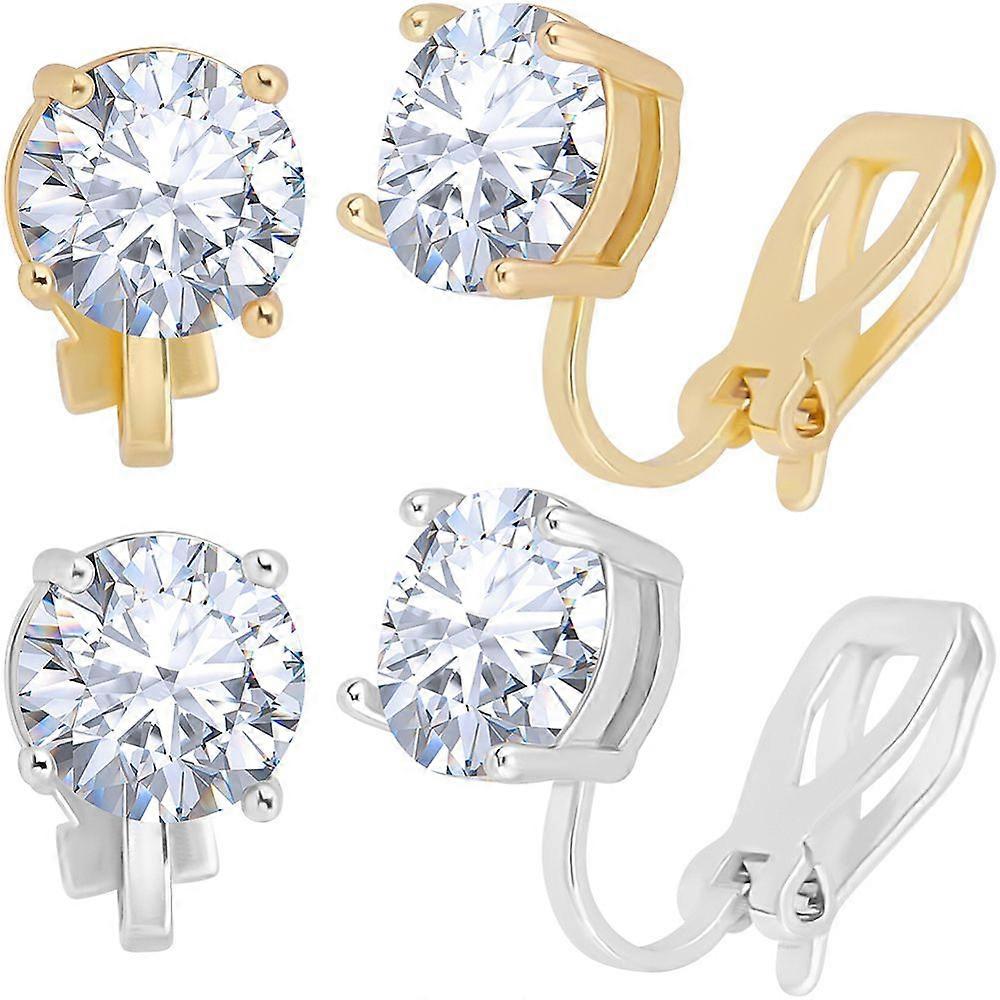 4 Pairs 2 Colors Flat Round Brass Pave 3A Cubic Zirconia Clip-on Earrings for Women Mixed Color 16x8mm 2 pairs/color