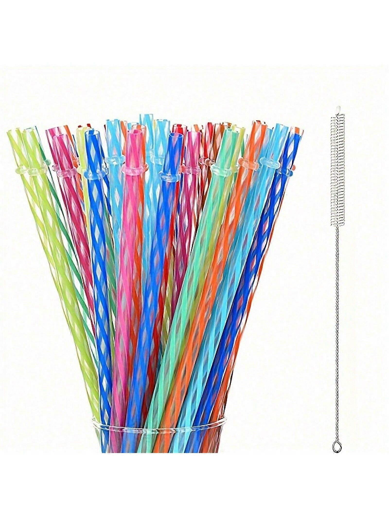 24pcs Reusable Plastic Straws With Cleaning Brush In Assorted Colors, (12.4inch/31.5cm Length) Suitable For 24oz-30oz Mason Jars, Daily Water Cups, Ju