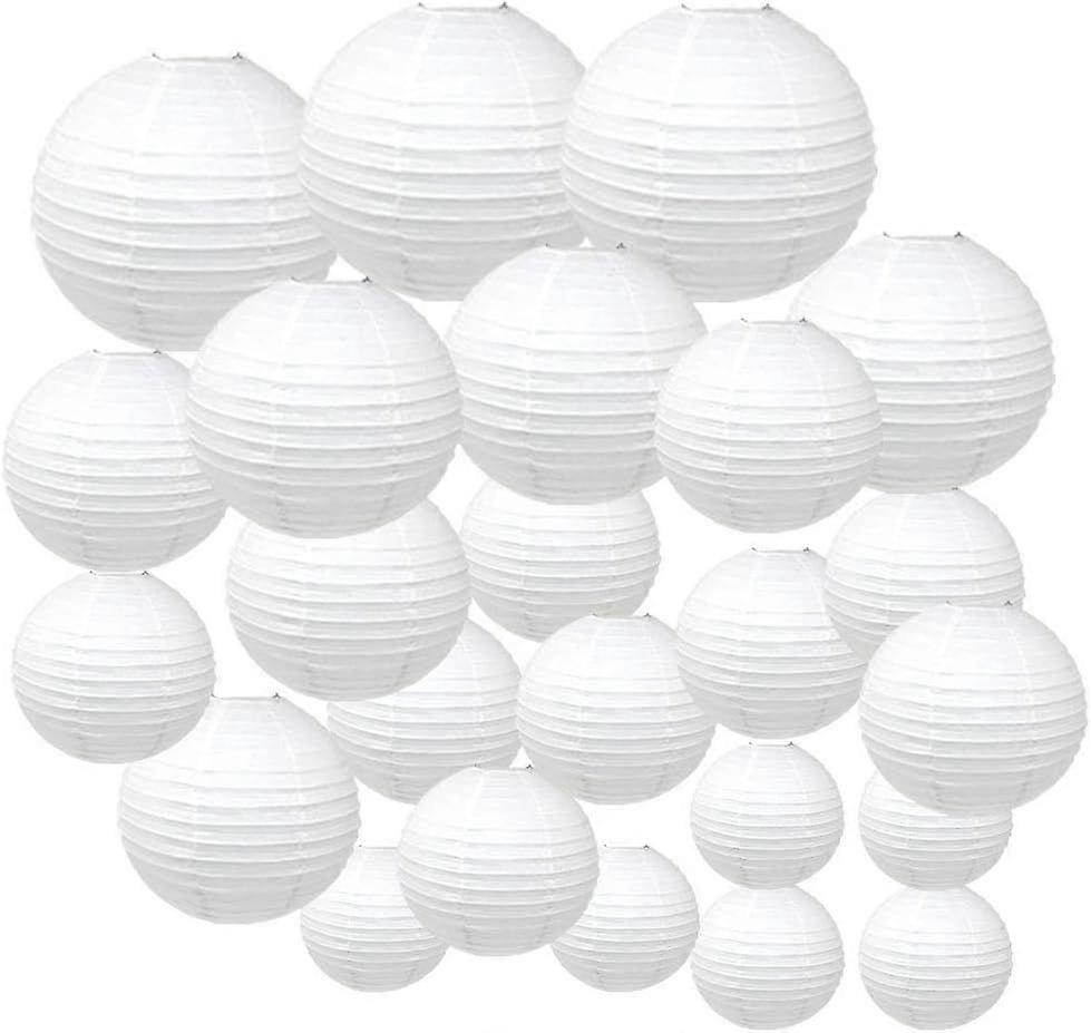Decorative Round Chinese Paper Lanterns 24pcs Assorted Sizes - White