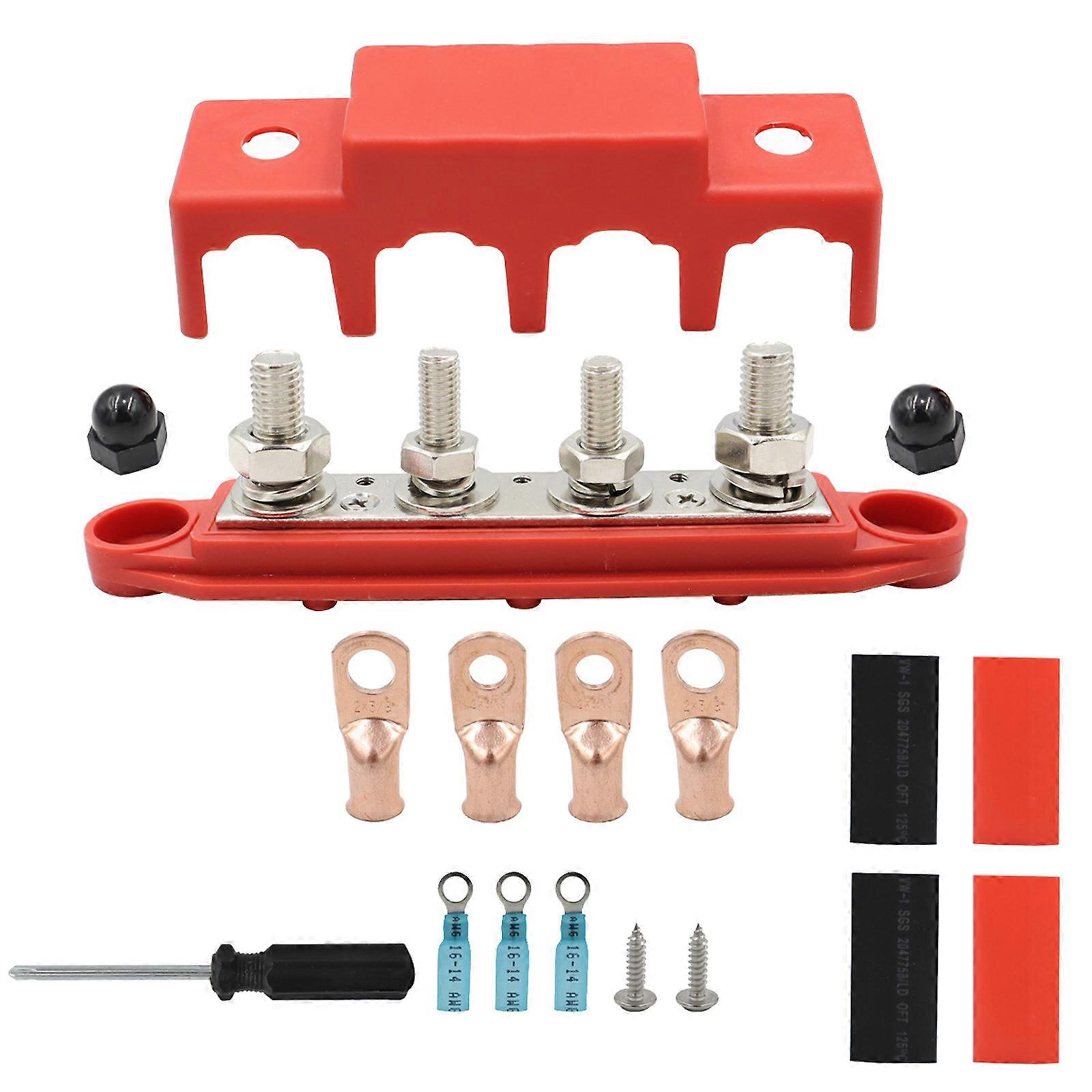 250A 12V Busbar Battery Power Distribution Block with Cover 48VDC Busbar 2x 3/8'' 2x 5/16'' Terminal Studs for Marine Red