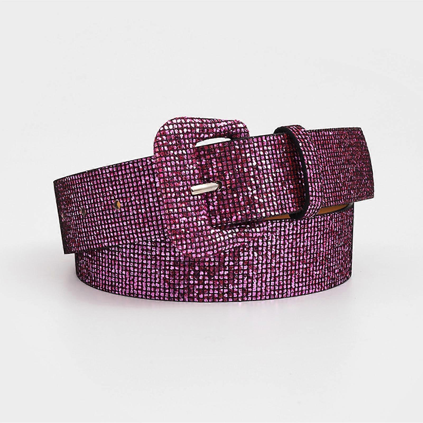 Women Retro Sequin Belt PU Adjustable Stylish Wide Shiny Bling Belt for Statement Party Plum Red Free Size