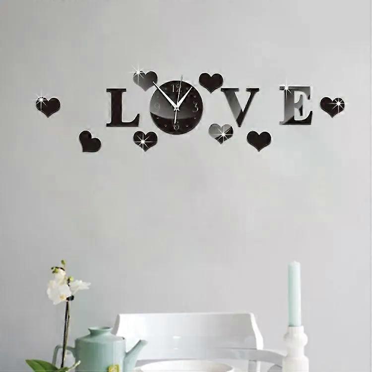 LOVE Clock Wall Sticker-Creative Acrylic Mirror Design,Black Black