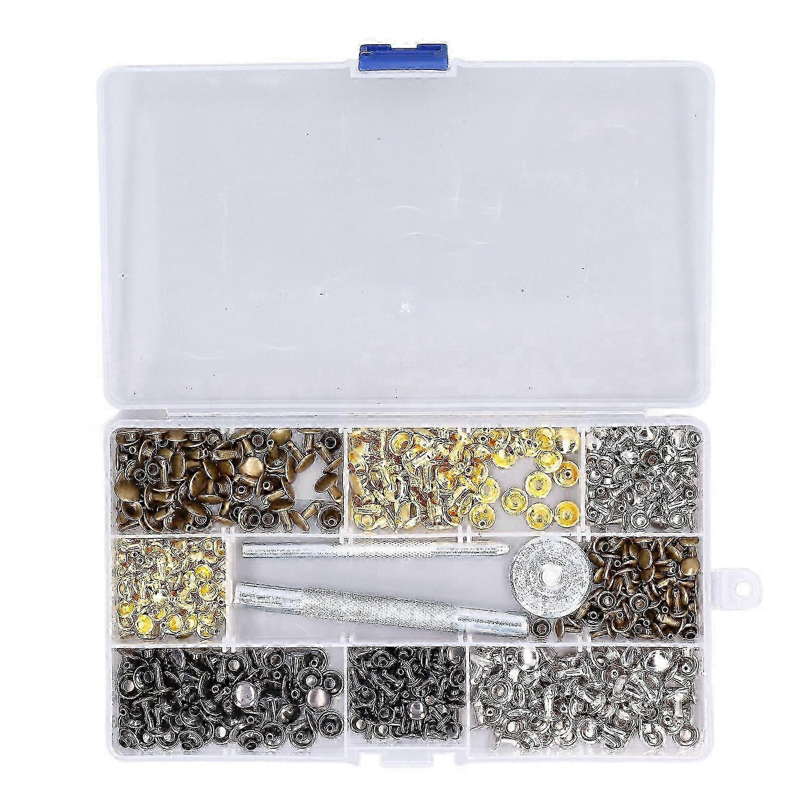 240Pcs Leather Rivet Double Caps Tubular 2 Sizes Metal Set Kit with Fixing Tool for DIY