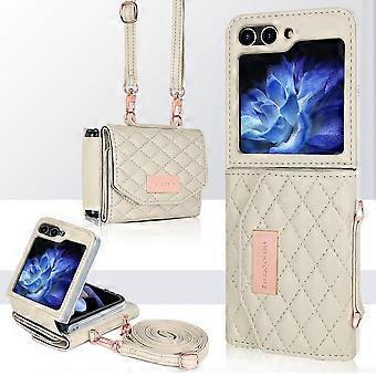 Phone Case for Samsung Galaxy Z Flip 5 Wallet Phone Cover, Fashion Flip 5 Phone Case with 4 Card Holders Adjustable Crossbody Strap (White)