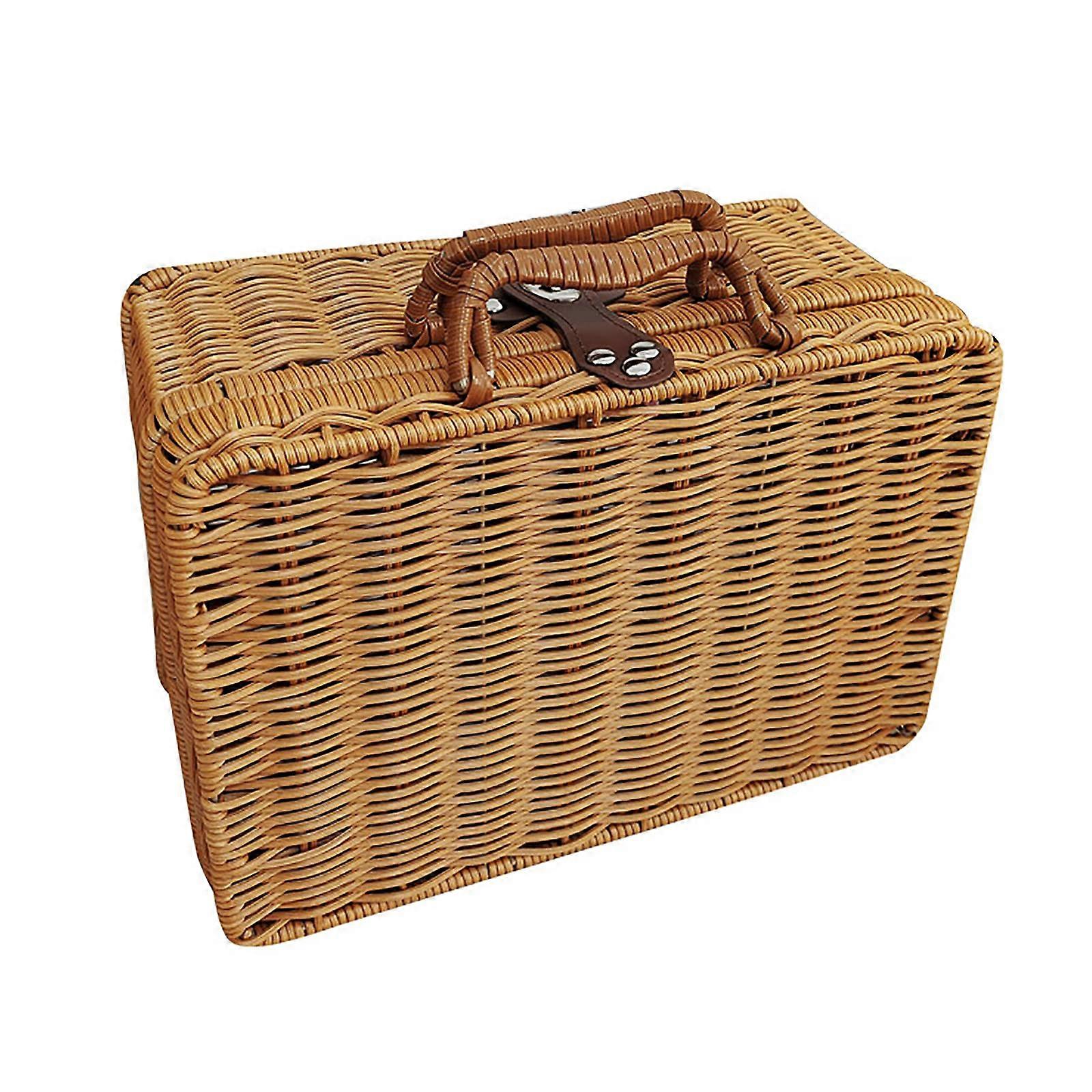 Retro plastic straw suitcase, leather strap lock with rattan suitcase box, wicker picnic basket, brown, M