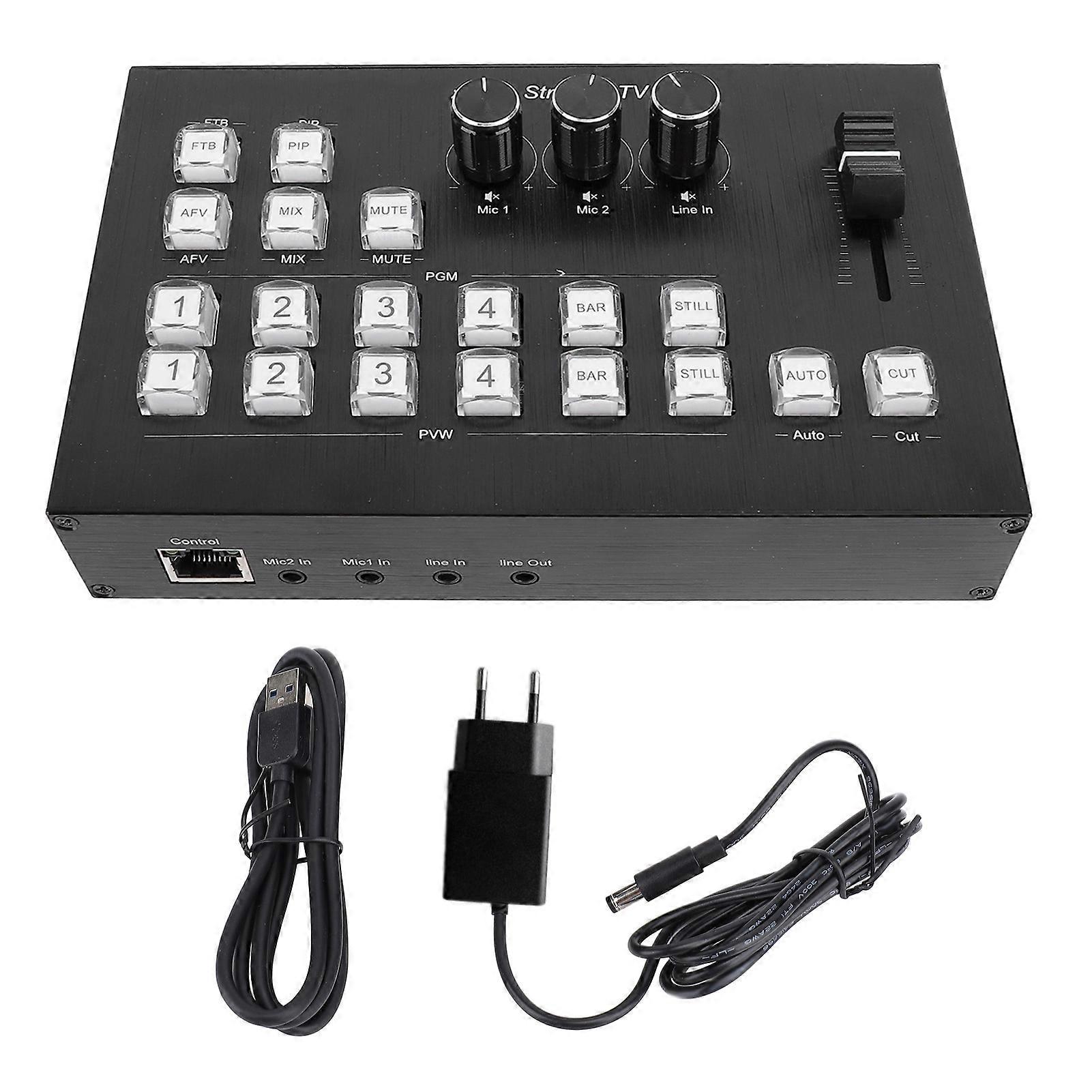 HD Multimedia Stream 4 Input 2 Output 3.5mm Stereo Video Mixer Switcher for Real Time Streaming Live Events