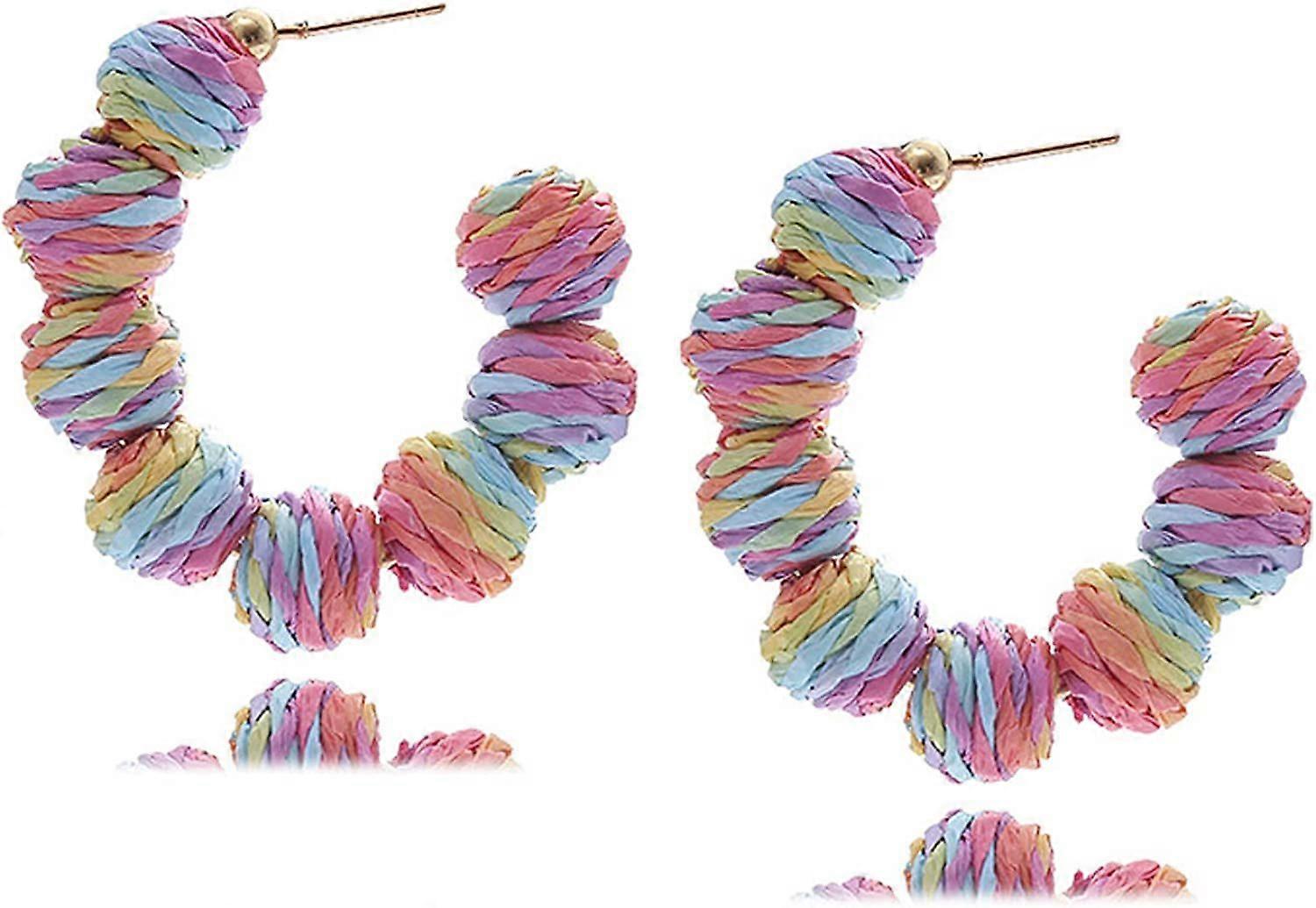 Bohemian Handwove Raffia Rattan Round Circle Drop Dangle Earrings Colorful Geometric Braid