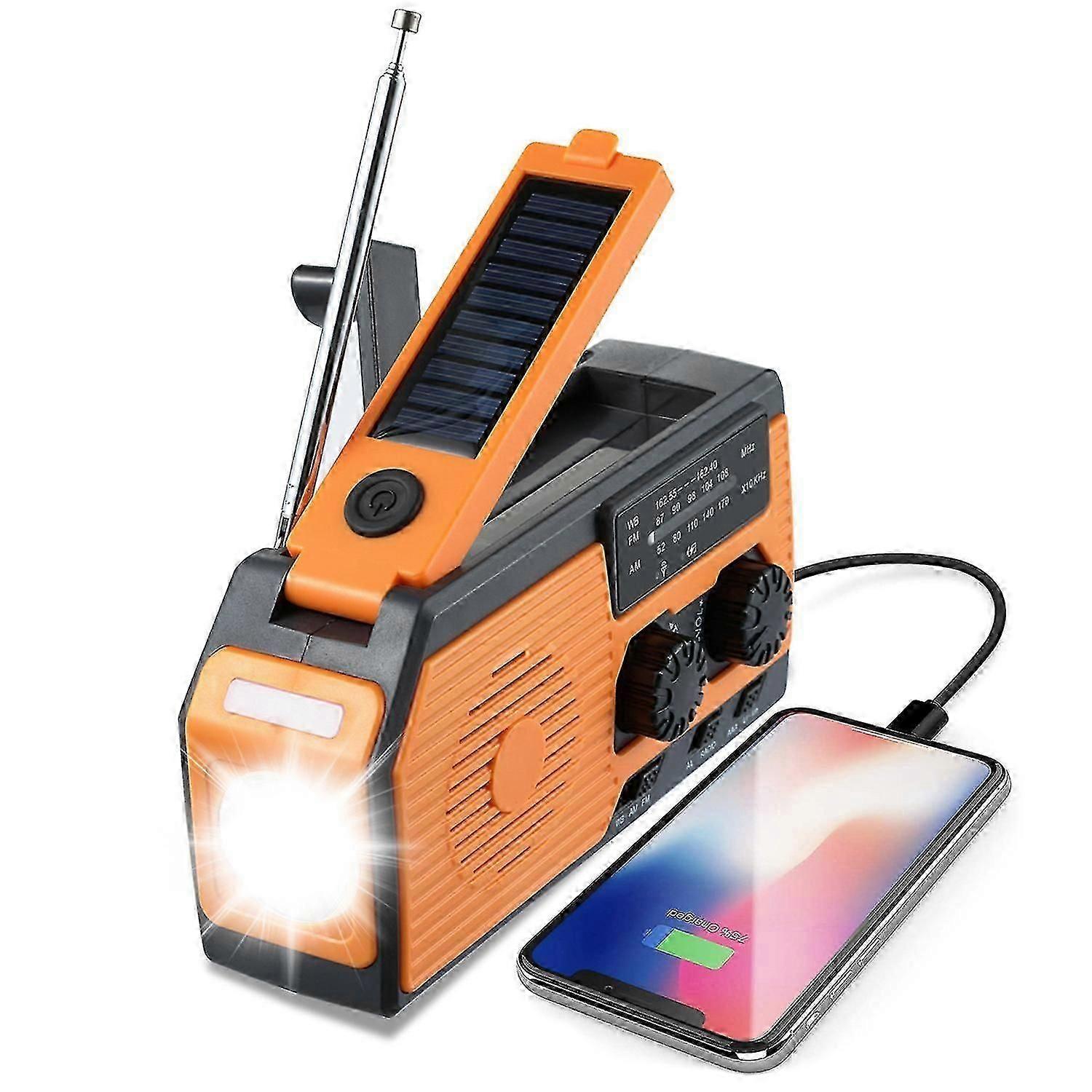 Hand Crank Emergency Radio With Solar Charging, Weather Radio With Flashlight, Sos And Wb/am/fm Alarms For Disaster Survival.