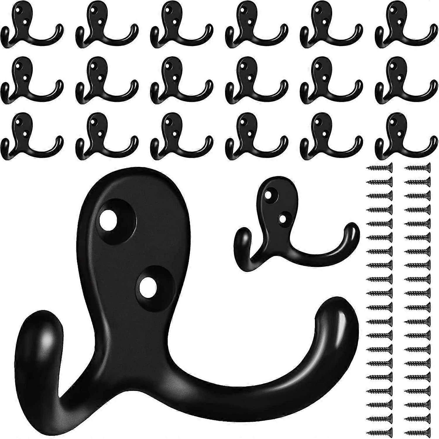 Bathroom Hook Set Of 20 Black Hooks, Hooks For Hanging, Heavy Duty Double Prong Hooks Wall Mounted With 40 Black Screws? Hooks For Hanging Coats, Bag,
