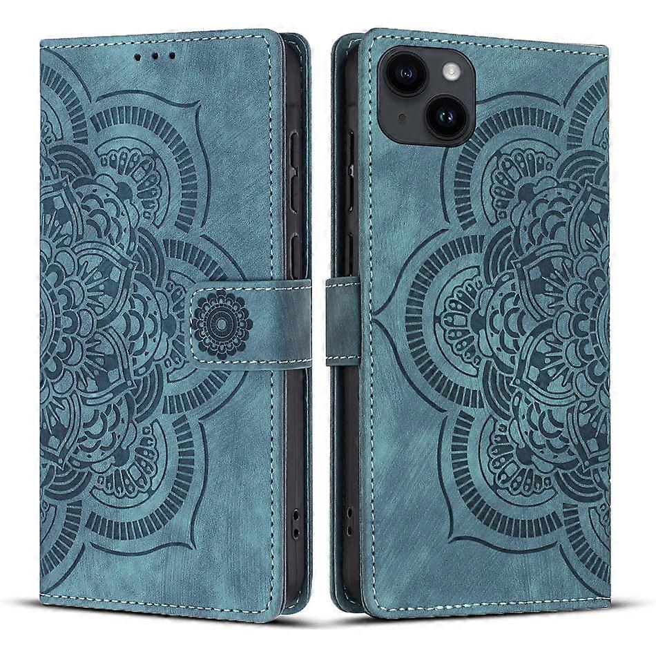 Compatible For iPhone 14 Plus Leather Case WANLONFENG HDM Series Mandala Imprint Wallet Stand Phone Cover