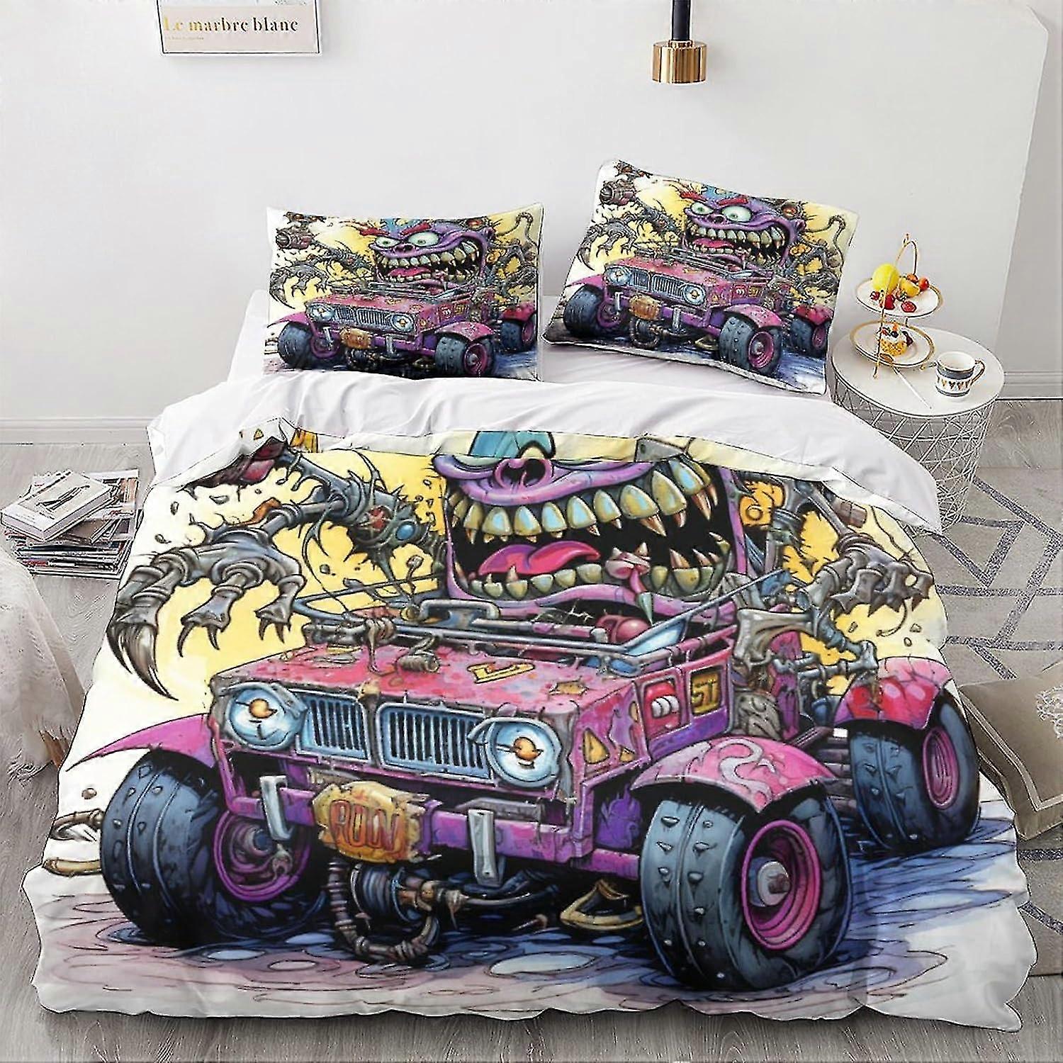 Cartoon Bedding Set 3 Pieces, Soft Microfiber 3D Vintage Car Pattern Duvet Cover with Zipper Closure and Pillow Cases