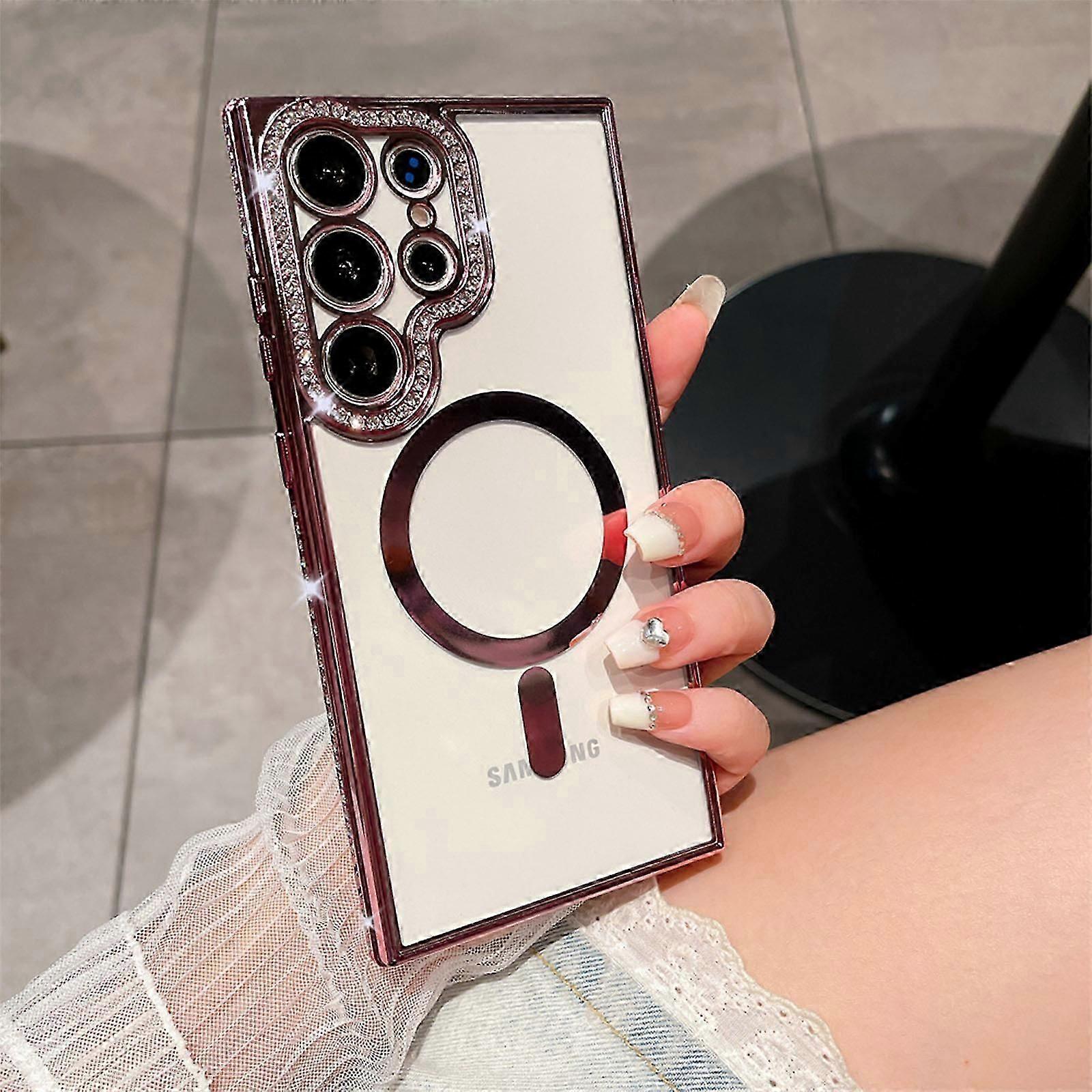 Parıltılı Galaxy S24 Ultra Manyetik Kılıf, Sevimli Lüks Kaplama Bling Rhinestones Yumuşak Şeffaf TPU İnce Hafif MagSafe Kılıf ile Uyumlu