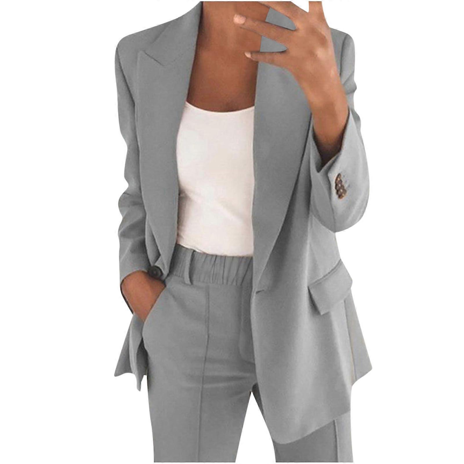 Women's Trouser Suit Summer Elegant 2Piece Long Sleeve Blazer with Pants 5XL Gray