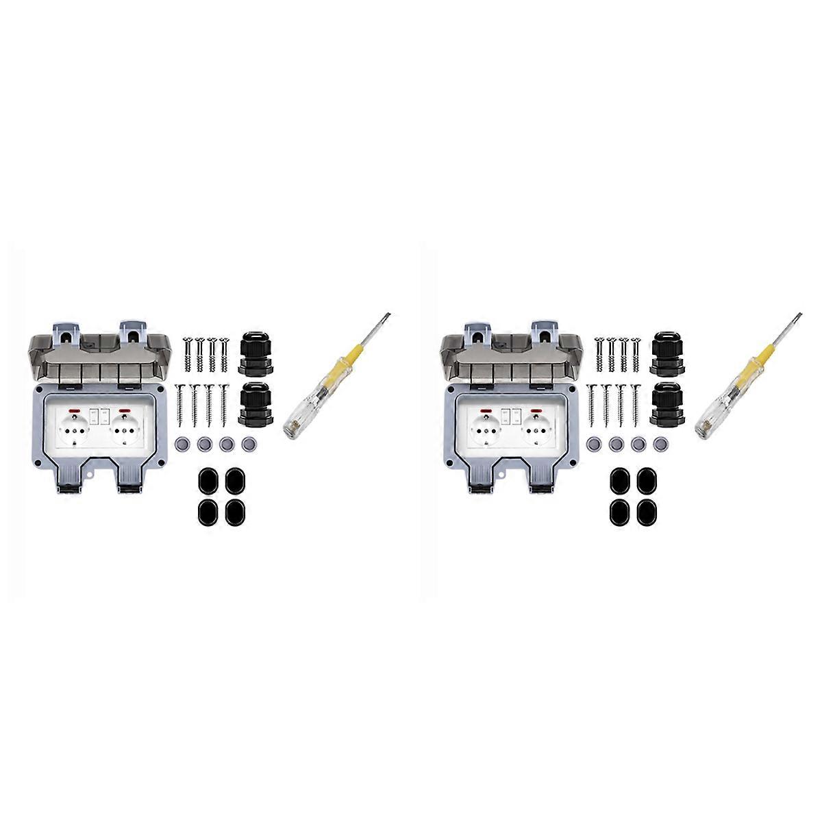 2X Outdoor Socket Waterproof Socket with Switch Indicator Light, Wall Socket Wet Room -Mounted Prote