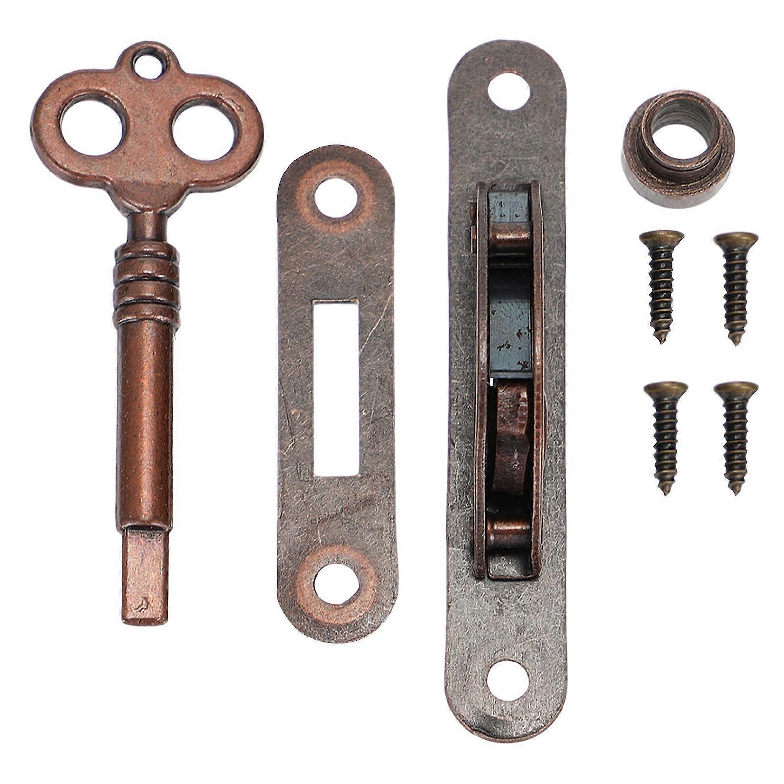 ヴィンテージアイアンキャビネットドアロック、ドロワー用キー付き、ダークブラウンカラー、小型サイズ