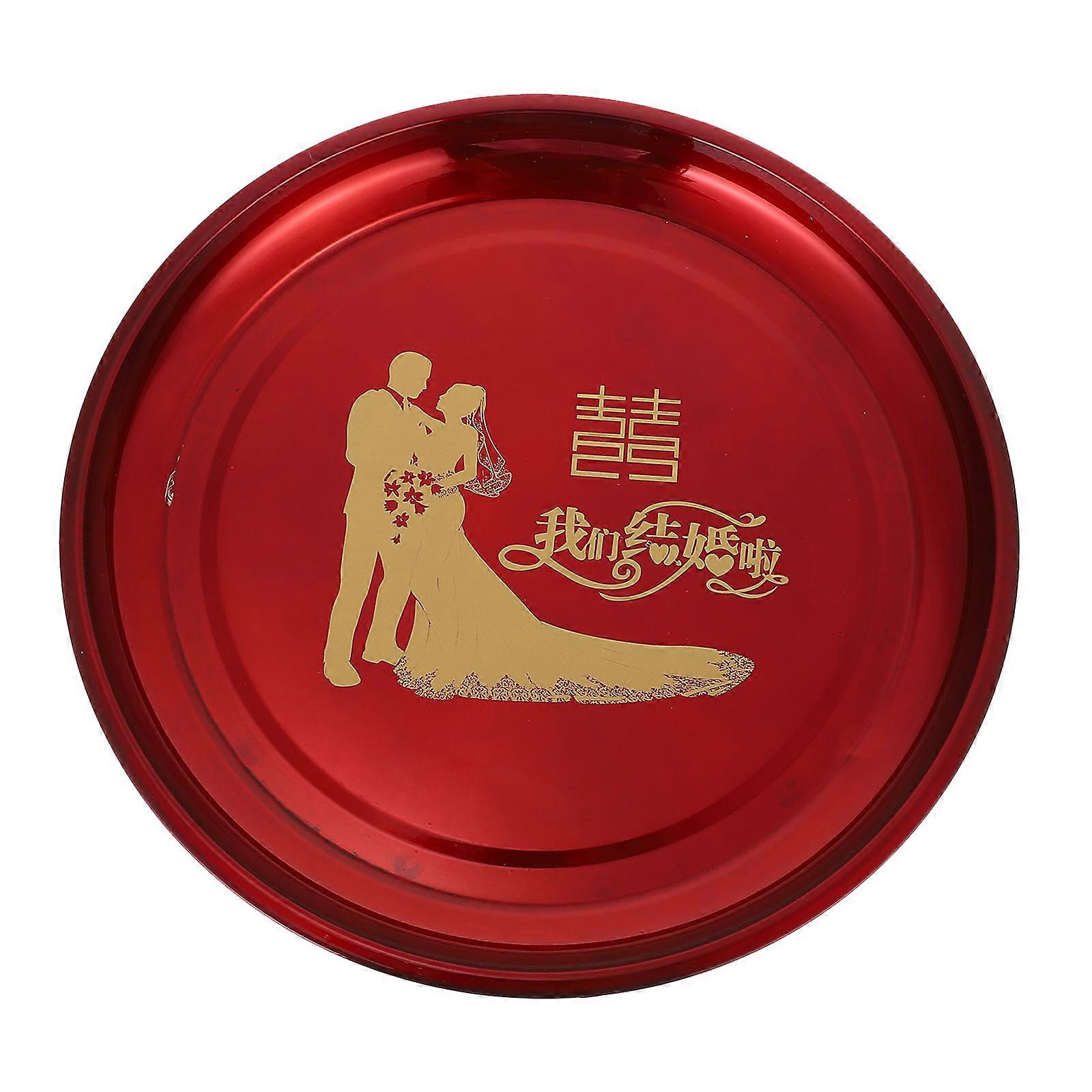 Chinese Style Multi Functional Serving Tray, Deep Snack & Fruit Plate, Durable Polished Metal Surface, Festive Red Design for Home & Party Use