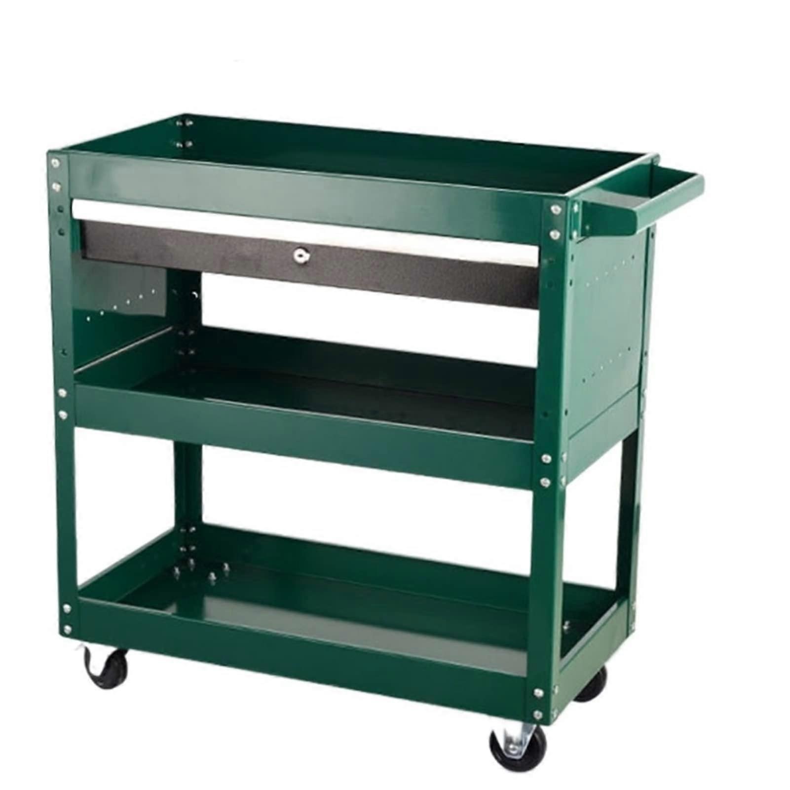 Tool Trolley With Wheels, 3-Tier Metal And Steel Cart For Mechanics, Car Repair Parts, Green And Black, Single Pump