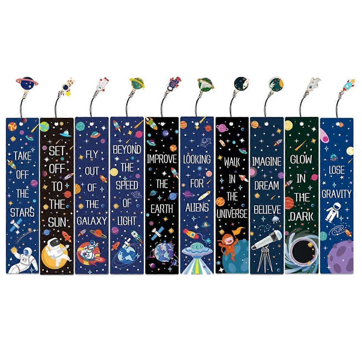 10PCS Space Ship Theme Bookmarks with Metal Charms Planet Color Inspirational Quotes Cards for Kids