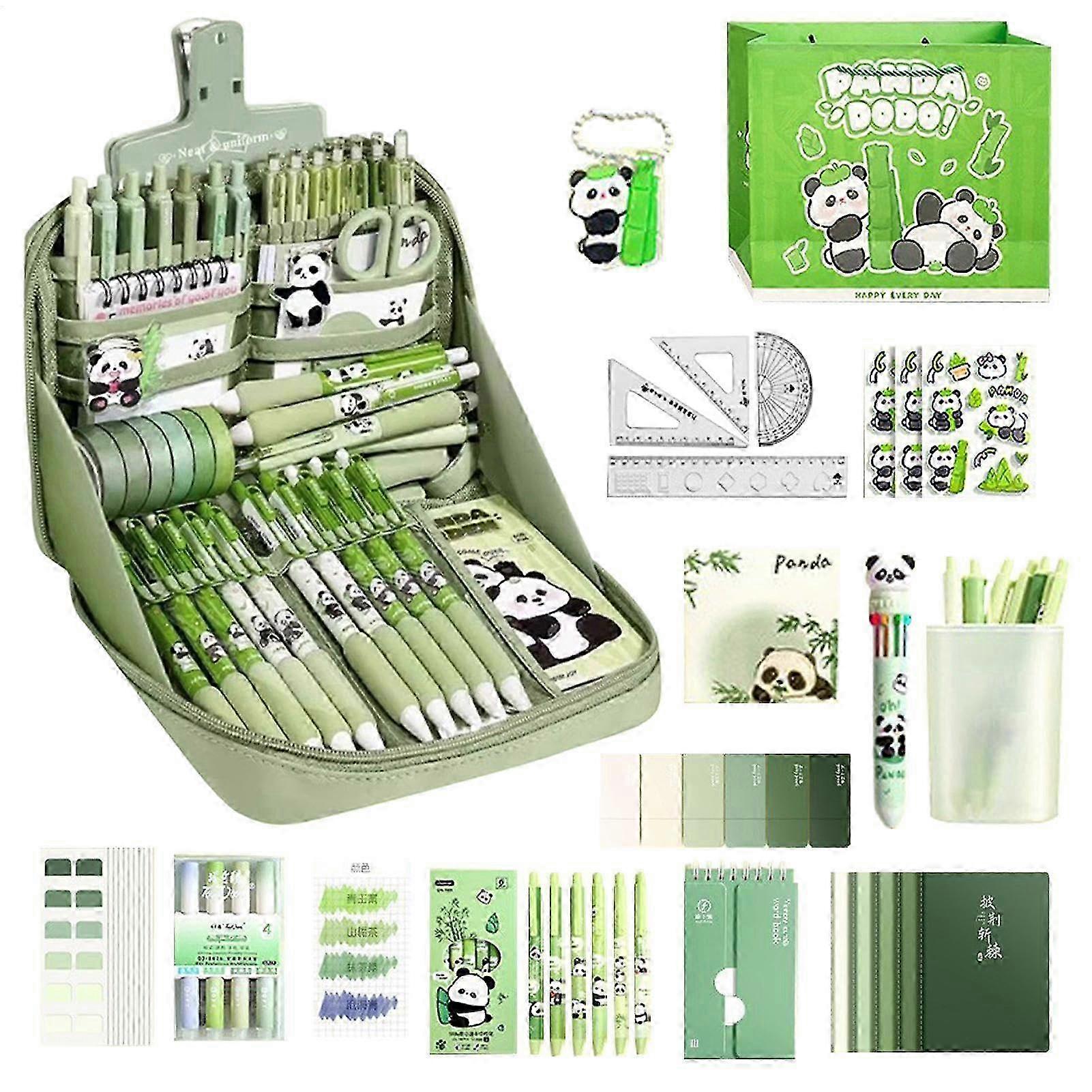 Panda Stationery Set for Students, Cute Linen Learning Kit with Notebook, Pencil Case, Stickers, Pens, Keychain, Soft Canvas