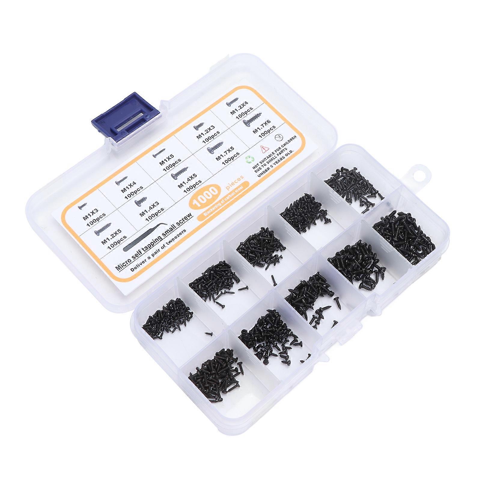 1000Pcs Self Tapping Small Screws Assortment M1 M1.2 M1.4 M1.7 Black Pan Head with Tweezers