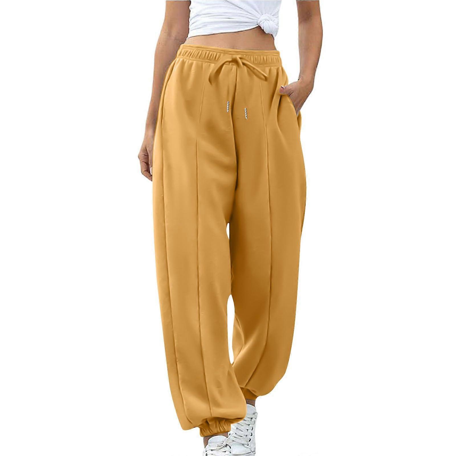 Women's lightweight loose high-waisted drawstring sweatpants with pockets  Yellow XL