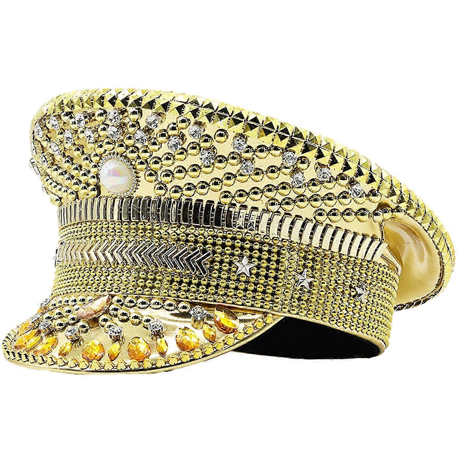 Glittering Sergeant Hat for Women Navy Blue Rhinestone Wedding