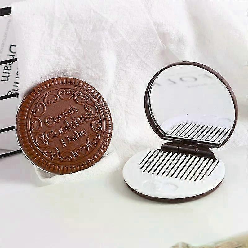 1 Pcs Chocolate Biscuit Mini Pocket Mirror With Comb Princess Portable Biscuit Shape Makeup Folding Mirror With Comb