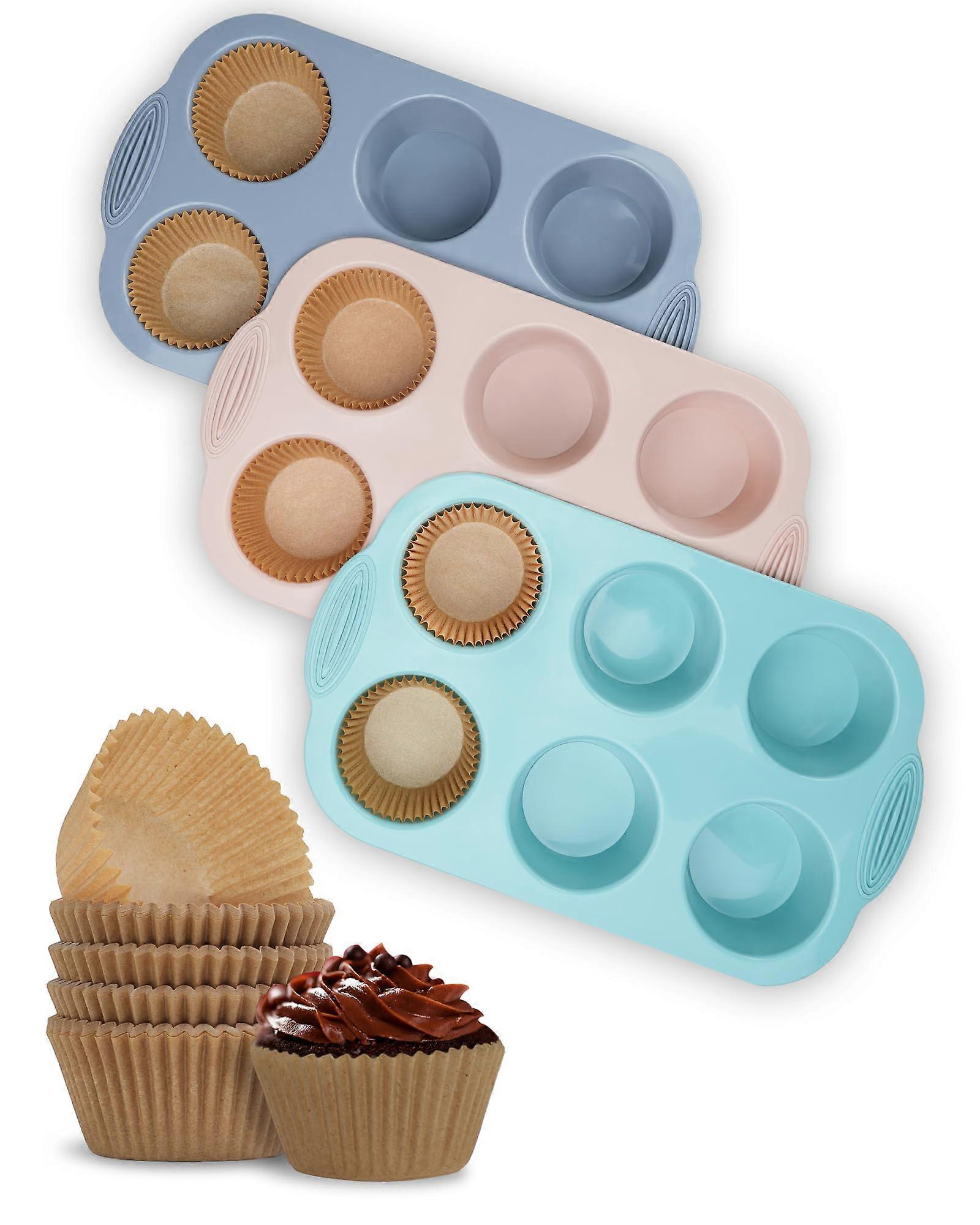 Silicone Muffin Pan 3 Pack with 100 Cupcake Liners Nonstick 6 Cup Baking Molds BPA