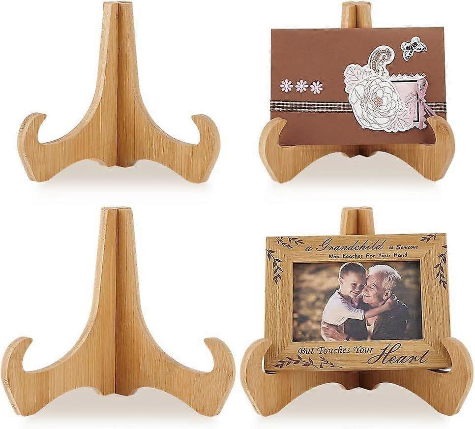4 Pack Bamboo Plate Stands for Display 6/8 Inch Plate Holders Picture Frame Stand Recipe Book Holder Cookbook Stands for Card Kitchen Counter Platter 